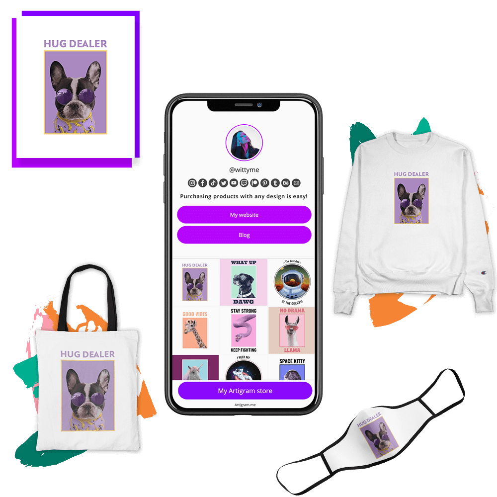 i phone with swetashirt, tote bag, face mask, canvas